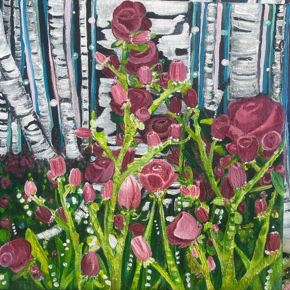 Hand-Painted Floral and tree canvas acrylic 8x8